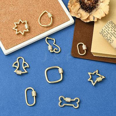 9Pcs 9 Styles Brass Micro Pave Clear Cubic Zirconia Screw Carabiner Lock Charms KK-CJ0004-25-1
