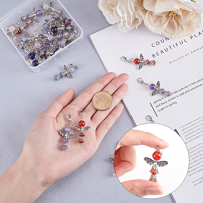 30Pcs 5 Style Natural Round Gemstone Pendant Decorations HJEW-AR0001-03-1