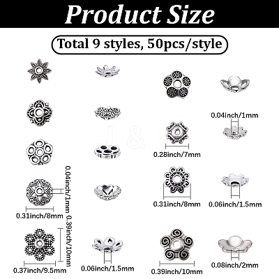 450Pcs 9 Styles Tibetan Style Alloy Bead Caps FIND-BM0001-31-1