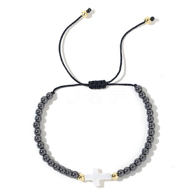 Adjustable Vintage Cross Synthetic Non-magnetic Hematite Braided Beaded Bracelets for Men VH5906-1