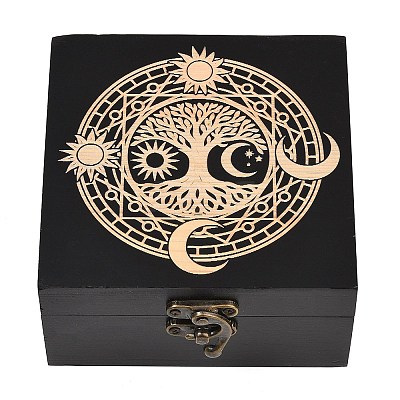(Defective Closeout Sale: Dents)Engraved Pine Wood Tarot Box for Cards Crystal Holder WD-XCP0001-03-1