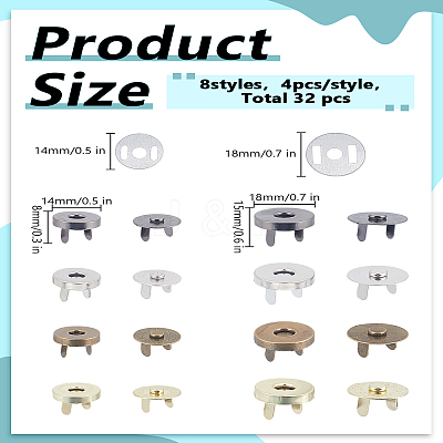 32Pcs 8 Styles Iron Magnetic Button Clasps Snaps Fastener Clasps IFIN-LP0001-26-1
