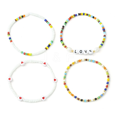 4Pcs 4 Styles Love Theme Glass Seed Beaded Stretch Bracelets Sets BJEW-TA00323-1