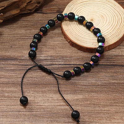 Adjustable Round Wood & synthetic Non-magnetic Hematite Braided Bead Bracelets for Men MC4524-1-1