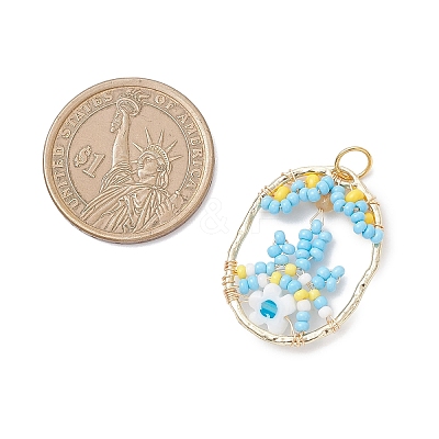 Glass Seed Beaded Oval with Flower Pendants PALLOY-MZ01061-02-1