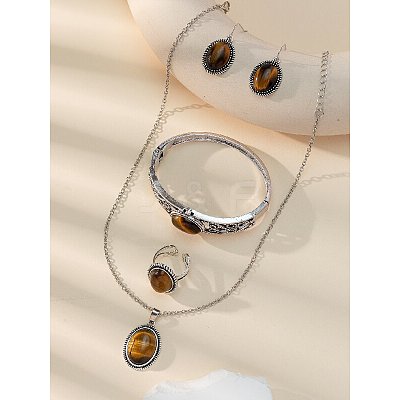 Oval Alloy with Natural Tiger Eye Pendant Necklaces & Dangle Earrings & Cuff Ring & Bangles Sets WG03D09-01-1