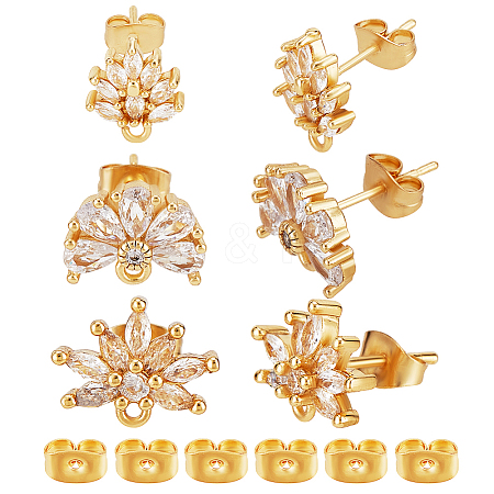 3Pairs 3 Styles Brass Cubic Zirconia Stud Earring Findings EJEW-DR0001-01-1
