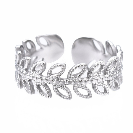 304 Stainless Steel Leaf Wrap Open Cuff Ring RJEW-T023-63P-1