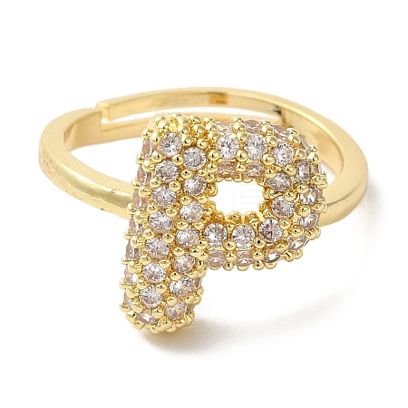 Rack Plating Letter Brass Micro Pave Clear Cubic Zirconia Adjustable Rings for Women KK-S391-03G-P-1