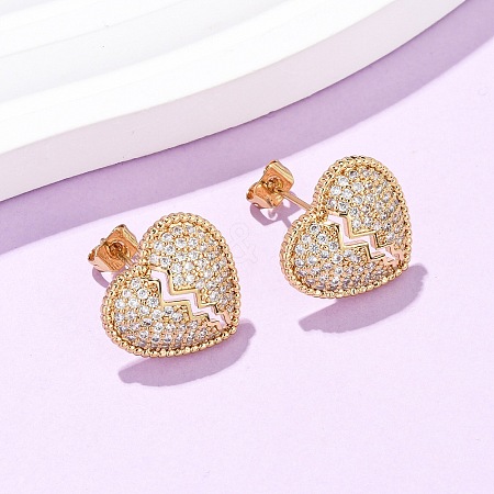 Broken Heart Brass Micro Pave Cubic Zirconia Stud Earrings EJEW-B153-19G-03-1