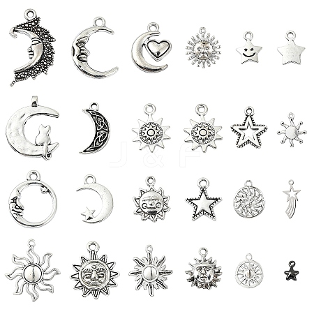 48Pcs 24 Styles Tibetan Style Alloy Pendants Sun/Star/Moon DIY-YW0008-84-1