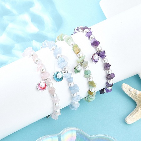 4Pcs 4 Styles Alloy Enamel Shell Shape Charm White Round Shell Pearl & Natural Rose Quartz & Flower Amazonite & Dyed Aquamarine & Amethyst Chip Beaded Anklets AJEW-AN00734-1