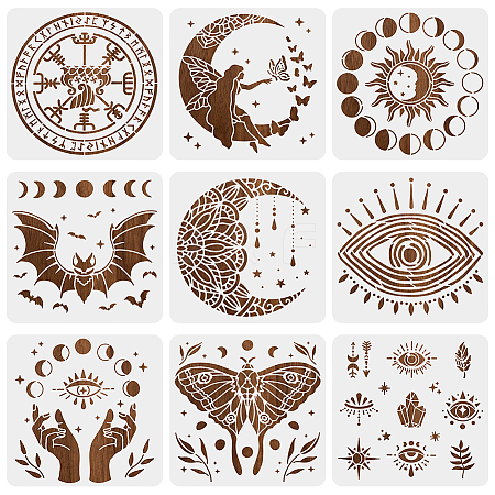 9Pcs 9 Styles Moon & Fairy & Eye PET Hollow Out Drawing Painting Stencils DIY-WH0417-0004-1