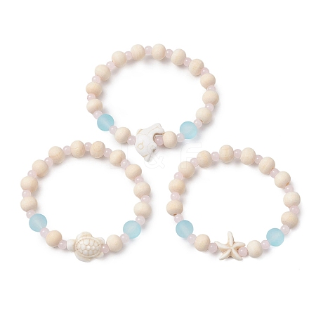 3 Pcs Synthetic Turquoise & Wood & Glass Beaded Stretch Bracelets for Boys Girls BJEW-JB11129-1