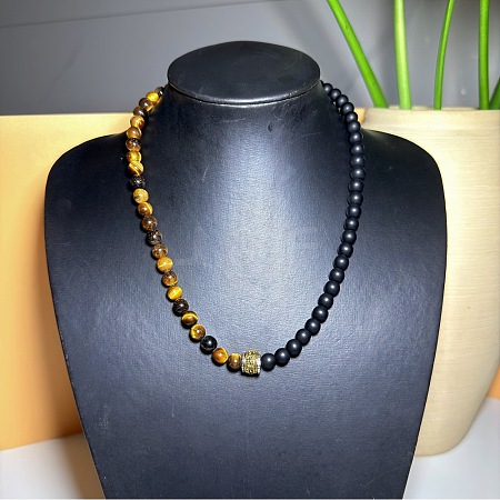 Vintage Frosted 8MM Natural Black Onyx(Dyed & Heated) and Tiger Eye Round Beaded Necklaces with Alloy Column for Men DB2700-1