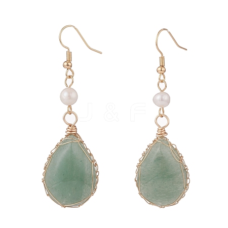 Natural Green Aventurine Teardrop Dangle Earrings with Natural Pearl EJEW-JE04850-06-1