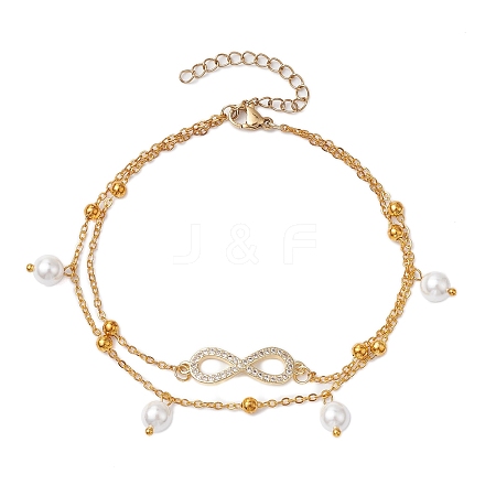 304 Stainless Steel with Shell Pearl Beads with Cubic Zirconia Anklet AJEW-AN00609-1