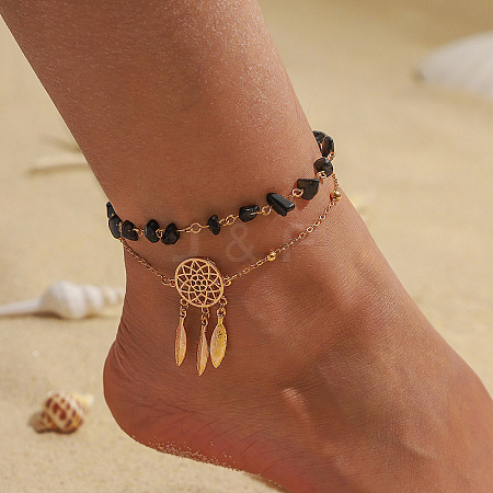 Plastic Imitation Gemstone Chip Beaded Alloy Woven Web/Net with Feather Double Layer Anklets for Women FS-WG3D403-04-1