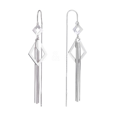 Anti-Tarnish Rhodium Plated 925 Sterling Silver Rhombus with Chain Tassel Dangle Earrings JE1048A-1