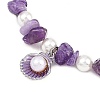 Alloy Enamel Shell Shape Charm White Round Shell Pearl & Natural Amethyst Chip Beaded Anklets AJEW-AN00734-03-4