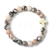 Natural Pink Zebra Jasper & Synthetic Turquoise Cross Beaded Stretch Bracelet BJEW-JB09791-1