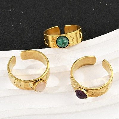 316 Stainless Steel with Natural Mixed Gemstone Cuff Rings RJEW-Z098-01G-15-1