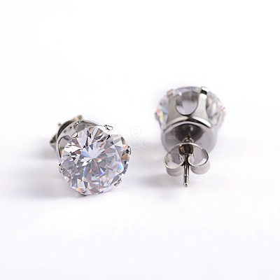 Flat Round 304 Stainless Steel Cubic Zirconia Stud Earrings EJEW-H306-38-5mm-1