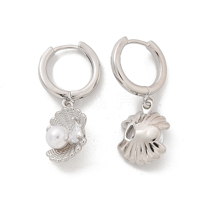 Shell Shape Brass Micro Pave Cubic Zirconia Hoop Earrings EJEW-M077-05P-1