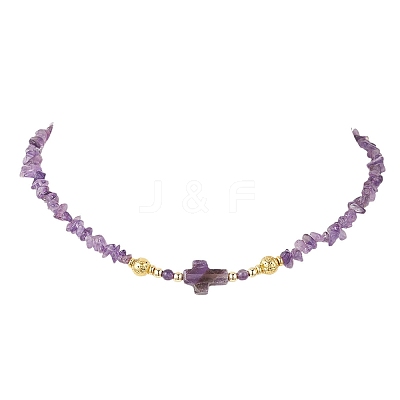 Natural Amethyst Chip with Cross Beaded Necklaces NJEW-JN05513-1