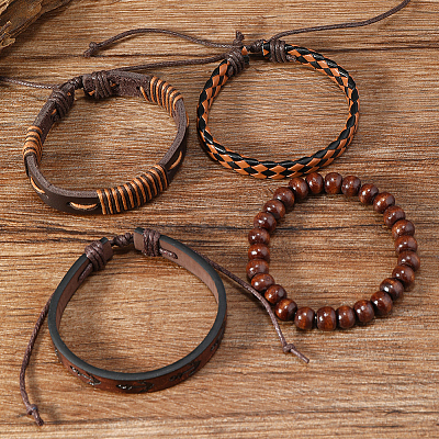 4Pcs 4 Styles PU Imitation Leather Braided Bracelets Sets BJEW-CL0001-13C-1