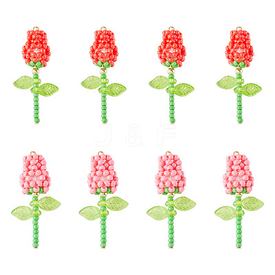 8Pcs 2 Colors Glass Seed Beaded Rose Pendants PALLOY-TA00352-1