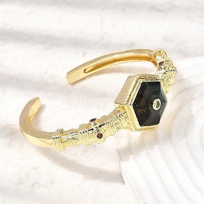 Hexagon Brass Pave Natural Labradorite & Cubic Zirconia Cuff Bangles for Women BJEW-Z172-01G-07-1