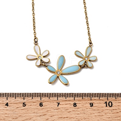 304 Stainless Steel Sky Blue Enamel with Crystal Rhinestone Triple Flower Pendant Necklaces for Women NJEW-G181-01G-1