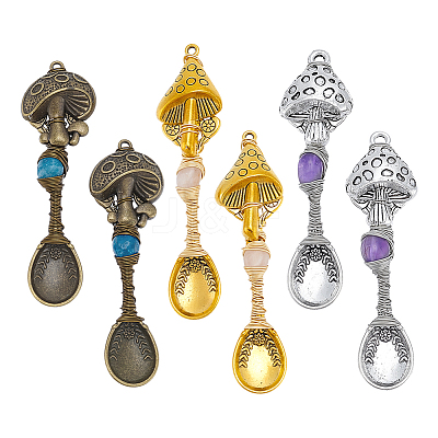 6Pcs 3 Colors Natural Apatite & Amethyst & Rose Quartz Copper Wire Wrapped Alloy Mushroom Spoon Big Pendants PALLOY-NB00013-1