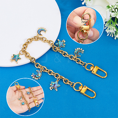 Brass & Natural Paua Shell Star Moon Charm 304 Stainless Steel Bag Decorative Chains HJEW-PH02278-1