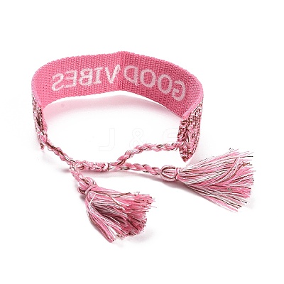 Word Good Vibes Polycotton(Polyester Cotton) Braided Bracelet with Tassel Charm LS-BJEW-F429-02-1