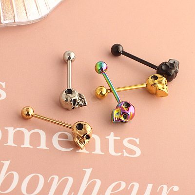 Skull 304 Stainless Steel Straight Barbell 15 Gauge Piercing Tongue Rings for Women Men FS-WG07D05-01-1