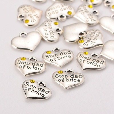 Wedding Theme Antique Silver Tone Tibetan Style Alloy Heart with Step Dad of Bride Rhinestone Charms LS-TIBEP-N005-22D-1