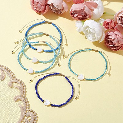 5Pcs 5 Colors Natural Shell Heart & Seed Braided Bead Bracelets Set BJEW-JB10039-01-1