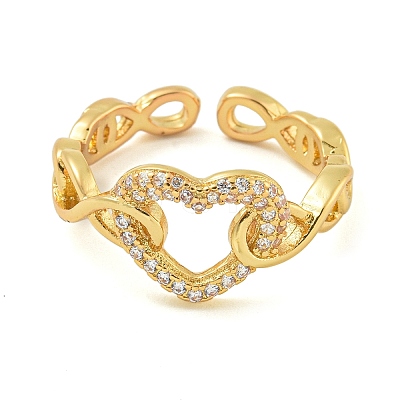 Heart Brass Micro Pave Clear Cubic Zirconia Hollow Open Cuff Rings for Women RJEW-M016-04G-1