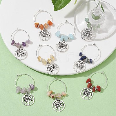 12Pcs Flat Round with Tree of Life Alloy Pendants Wine Glass Charms Sets AJEW-JO00218-1