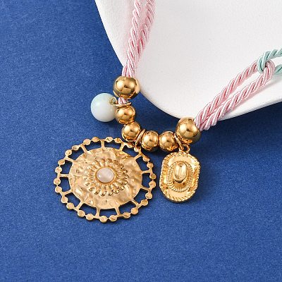 304 Stainless Steel Flower Cowboy Hat Pendant Polyester Cord Necklaces NJEW-C105-02G-1
