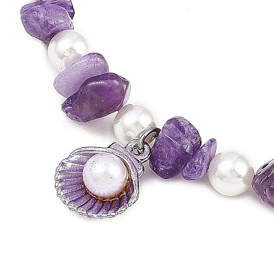 Alloy Enamel Shell Shape Charm White Round Shell Pearl & Natural Amethyst Chip Beaded Anklets AJEW-AN00734-03-1