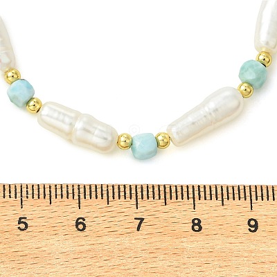 Faceted Cube Natural Larimar & Natural Baroque Keshi Pearl Column Beaded Necklaces NJEW-JN06620-1
