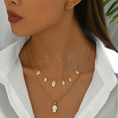 Elegant Vintage Stainless Steel Rhinestone Hamsa Hand Stud Earrings & Double-layer Necklace Sets for Women QF7163-1