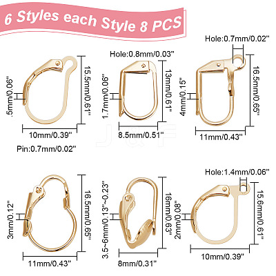 48Pcs 6 Styles Brass Leverback Earring Findings KK-AR0003-59G-1