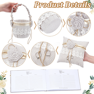 1Pc Square Linen Lace Wedding Ring Display Pillow with Flower AJEW-WA0004-22-1