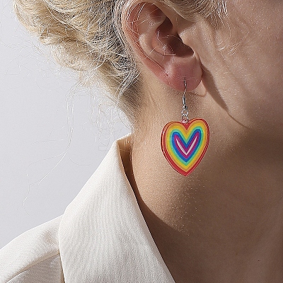 Pride Rainbow Flag Resin Heart Dangle Earrings PW-WG96446-01-1