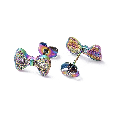 Ion Plating(IP) 304 Stainless Steel Grooved Bowknot Stud Earrings for Women EJEW-I285-05MC-1