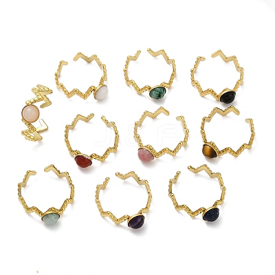 316 Stainless Steel with Natural Mixed Gemstone Cuff Rings RJEW-Z098-01G-03-1